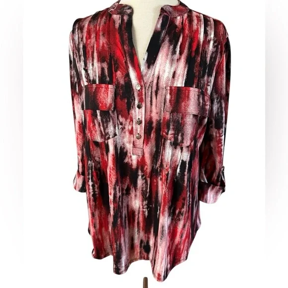 COCOMO 1X Red Black Plus Size  3/4 sleeve women's Pintuck … - Picture 4 of 12